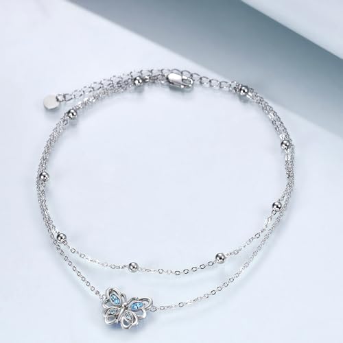 Image of POPLYKE 925 Sterling Silver Double Layered Chain Evil Eye Daisy Sunflower Butterfly Anklets for Women Holiday Beach Crystal Ankle Bracelet Dainty Evil Eye Jewelry
