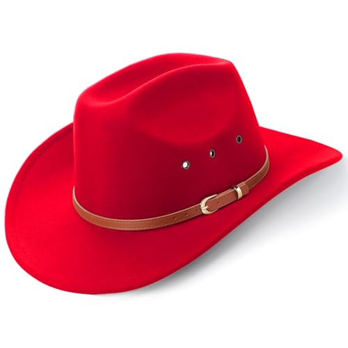 Image of DRESHOW Cowboy Hat for Women and Men Classic Western Felt Cowboy Cowgirl Hat Outdoor Wide Brim Belt Buckle Retro Fedora Hats Unisex Rolled up Caps