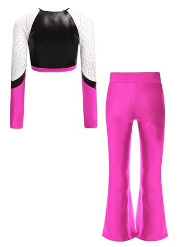 Kids Girls 2 Piece Gymnastic Dance Outfits Sparkly Long Sleeve Color Block Cheer Crop Top And Flared Pants Set Hot Pink 12 Years4