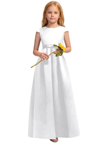 Breydcc White Flower Girl Dresses for Wedding with Pockets Bow A-Line Satin Pageant Princess First Communion Dresses Long Holiday Halloween Christmas Girl Dress US2
