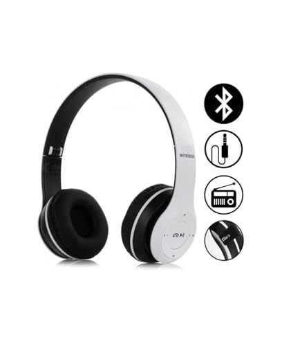 Image of JPGC Wireless Bluetooth Headphones, P47 Over-Ear Headset with Extra Bass, Foldable Design, Soft Memory Protein Earmuff, Bluetooth 5.0, FM Radio, SD Card Support, AUX Input, Black (White)