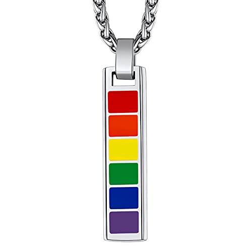 Richsteel Orgullo LGBTQ Colgante Bandera Arcoiris Barra Tono Plata, Collar de Homosexual Lesbiana Gay