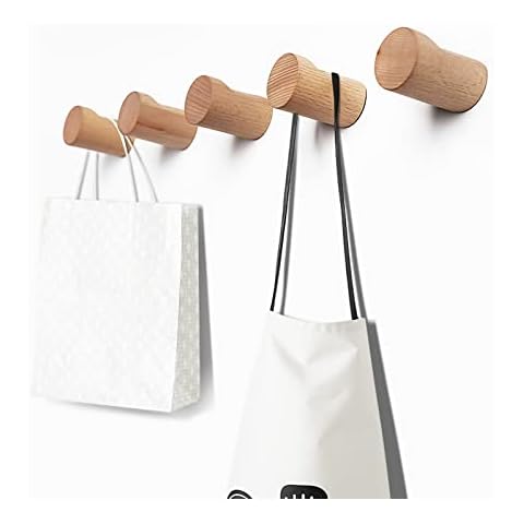 DIGHEIGG Wood Coat Rack Wall Mount, Wall Hooks Boho Wall Decor Aesthetic, Heavy Duty Coat Hooks Wall Mounted for Hat Towel Purse Robes Mudroom Entryway (Beech Wood, 5 Pack) Cover