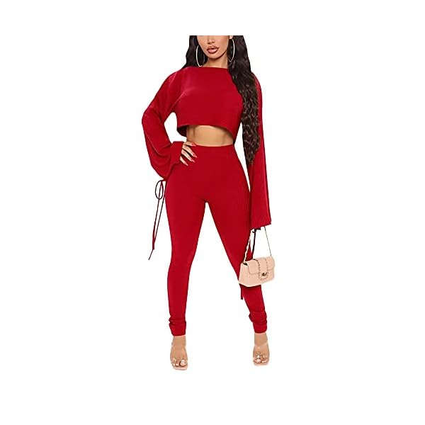 Two Piece Outfits for Women, Long Sleeve Crop Top and Bodycon Pants Tracksuit Sets, Fashion 2 piece Clubwear Sweatsuit - red - S