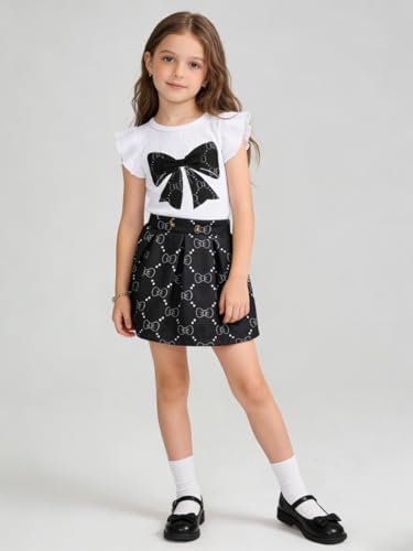 Image of Azmxynol Toddler Girls Clothes Cap Sleeve T-Shirt + Bowknot Print 2pcs Summer Shorts Outfit Set For Girls, Size 4-8 Years