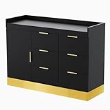 OmySalon Salon Station, Free Standing Cabinet Barber Hair Styling Stations, Beauty Spa Barbershop Organize Equipment with 6 Drawers and 1 Storage Cabinet, Black Gold