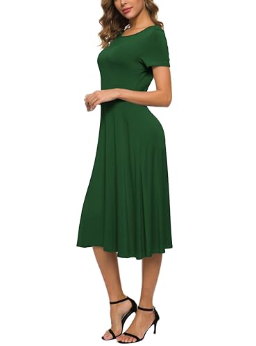 Image of EXCHIC Women's Casual Round Neck Short Sleeve Midi Dress Solid Stretchy Waist Knee Long Dress