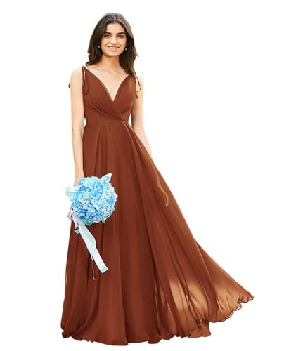 Image of HSFIYAKJ Bridesmaid Dresses Long Chiffon Formal Dress Open Back V Neck Evening Prom Gown for Women with Pockets