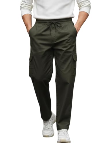 Image of Veirdo Pure Cotton Baggy Fit Regular Length Mid Rise 4 Pocket Cargos for Men (Colors: Black, Olive, Grey, Brown & Navy)