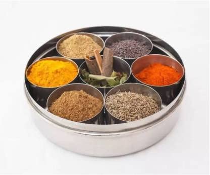 Stainless Steel Round Shape Masala dabba Spice Box Organiser with 7 individual comaprtments 1000ml