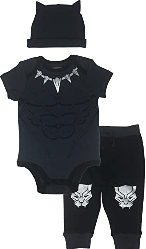 Image of Marvel Avengers Black Panther Baby Cosplay Bodysuit Pants and Hat 3 Piece Outfit Set Newborn to Infant