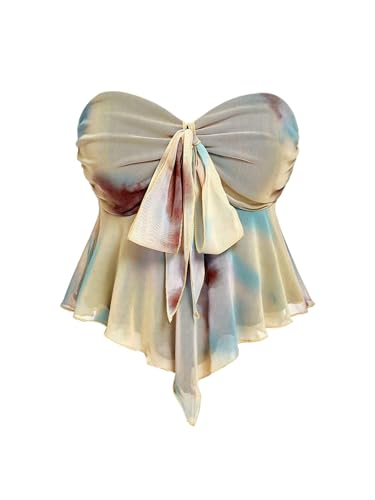 GORGLITTER Women's Floral Flowy Strapless Tube Top Babydoll Coquette Going Out Cute Bandeau Tops Blue and Yellow Small