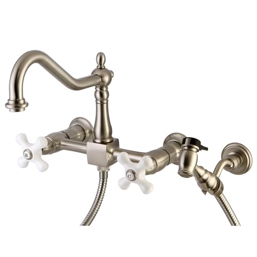 Kingston Brass Nuvo Elements of Design ES1248PXBS New Orleans 8' Center Wall Mount Kitchen Faucet with Brass Sprayer, 8- 1/2', Satin Nickel
