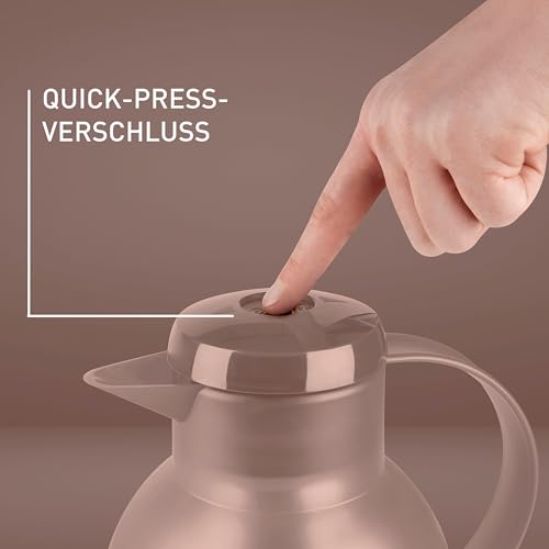 Emsa Samba Isolierkanne, 1 Liter Fassungsvermögen, Quick Press Verschluss, 100% dicht, 12h heiß und 24h kalt, mit Glaskolben, made in Germany, Transluzent/Taupe, 509820 4