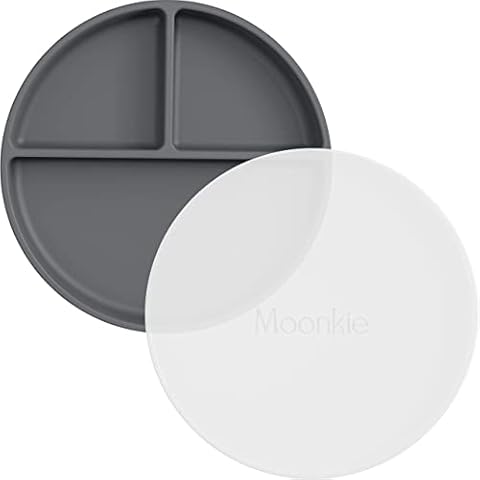 Moonkie Suction Plates for Babies & Toddlers | BPA-Free Weaning Plate with Lid | Silicone Divided Plate | Microwave and Dishwasher Safe - 1 Pack (Dark Grey) Cover