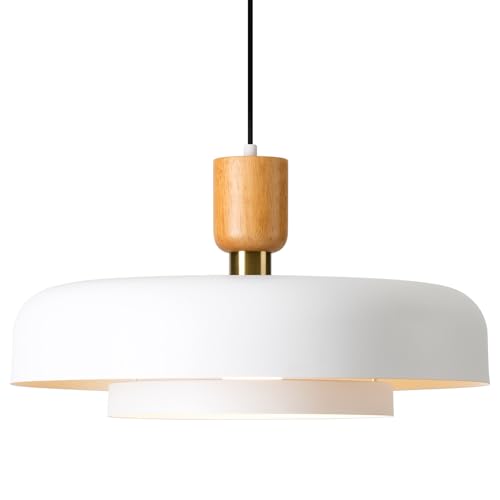 Modern Large Pendant Light 19.68 inch, 2 Tiers Matte White Shade, Natural Wood and Brass Accent, Mid Century Chandelier for Dining Room,Kitchen,Living Room by TeHenoo - Used condition - US$119.99
