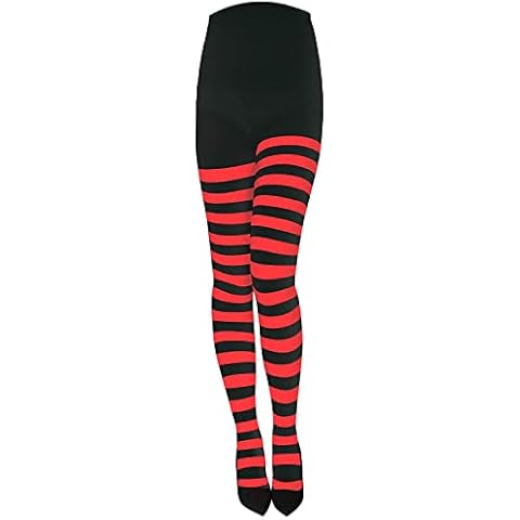 XNHIU Women Halloween Christmas Striped Tights Full Footed Striped Socks Full Length High Waist Leggings Tights Stocking (Red and Black) Cover