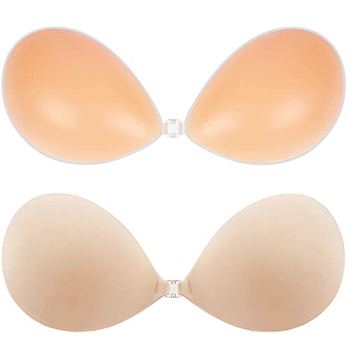 Adhesive Bra Push Up Strapless Invisible Sticky Bra Reusable Backless Silicone Bra for Women, Nude and Beige, (Large) C
