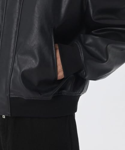 Image of CLWN Men's Black Faux Leather Hoodie Jacket with Zip-Up, Ribbed Cuffs & Hem for Casual Street Style Riding Travel Evening Look