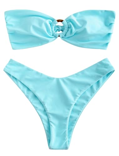 ZAFUL Women's Bandeau Bikini O Ring Strapless Tie Back High Cut Two Piece Swimsuit Bathing Suits
