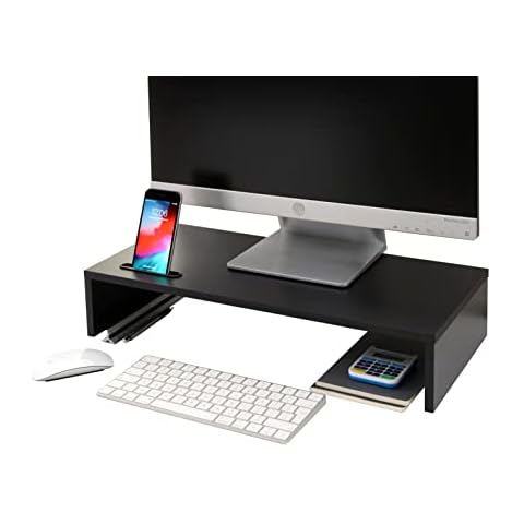 Ttap Black Wooden Monitor Single Shelf Stand Computer Laptop TV Screen Riser Desk Organiser 54cm L x 24.5cm D x 10.4cm H (with Smartphone Holder) Cover