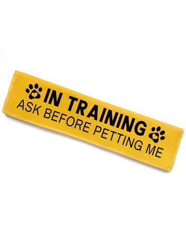 in Training Dog Leash Sleeve - Funny Yellow Alert Wrap with Hanging ID Patch | Ask Before Petting Service Dog Accessory Perfect Pet Birthday Gift for Dog Owners