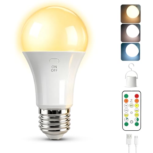 Liuyife 2600mAh Bombilla Recargable con Mando, 7W 3 Color Regulable & Timer, USB E27 Exteriores Luz de Emergencia Acampar Portátil con Gancho, LED Linterna de Camping para Tienda, 1 Piezas