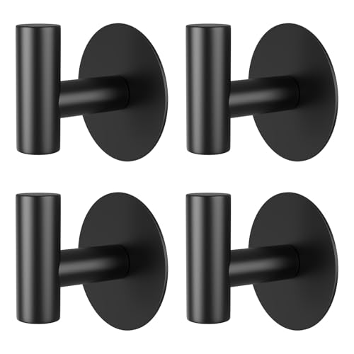 Image of Self-Adhesive Coat Hooks, Stainless Steel Heavy Duty Wall Hooks, Towel Hooks for Hanging Robes, Aprons, Coats and Hats in Bathrooms,Kitchens and Hotels(Black, 4 Pack)