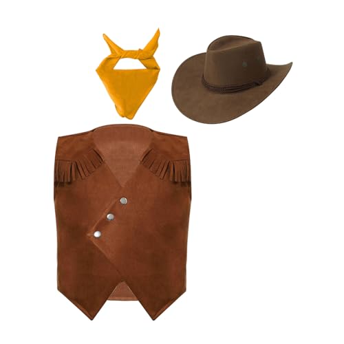 Hansber Unisex Kids Cowboys Cowgirls Outfits Sleeveless Open Front Waistcoat Tops with Bandana Hats Set