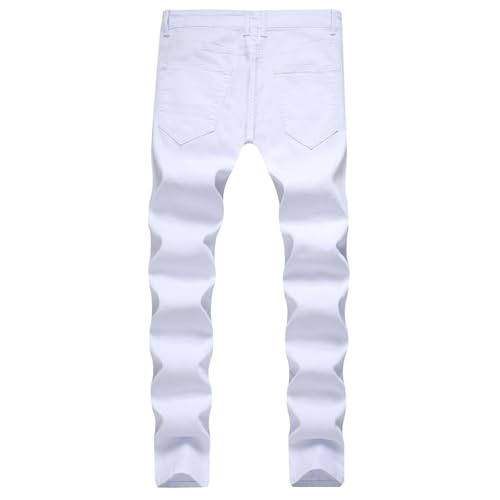 Jeans Pants Trousers Denim Men Stretch Slim Fit Street Trendy Punch Black and White Tight Casual Tapered Small Leg(White,33)3
