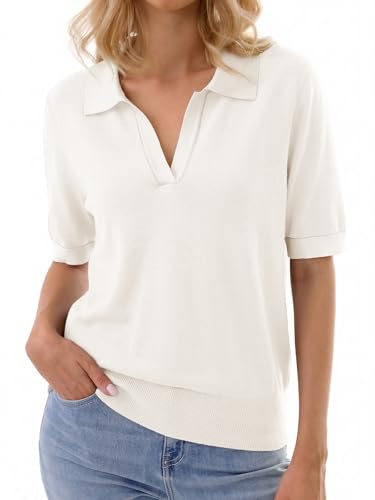 GKBK Short Sleeve Sweater for Women Polo Shirts V Neck Wool Blend Knit Tops Lightweight Sweaters Business Casual Outfits 2026 Summer Fashion Trendy White — view 2