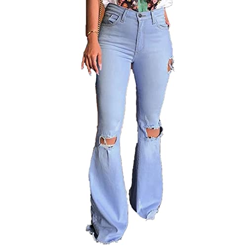 Women's Classic Ripped Flare Jeans High Waisted Bell Bottom Denim Pants Destroyed Raw Hem Wide Leg Jean Trousers (Light Blue,X-Large)