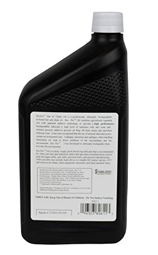 Renewable Lubricants Bio-Pro Bar and Chain Saw/Chainsaw Oil, Works with Electric Chainsaw, Battery Chainsaw or 2 Stroke Oil Chainsaws, Perfect Environmentally Friendly Bar and Chain Lube, 1 qt