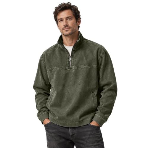 Denim Shirt Men Washed Retro Quarter Zip Pullover Shirt with Pockets - image 1