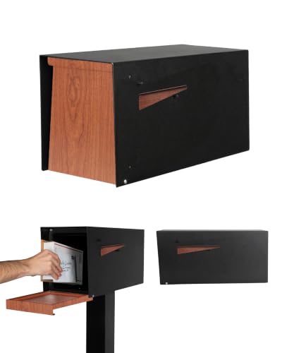 Image of Ilyapa Modern Mailbox for Post Mount - Black Powder Coated Metal Mailbox with Cherry Wood Door - Waterproof for Parcels, Recessed Magnetic Close Door