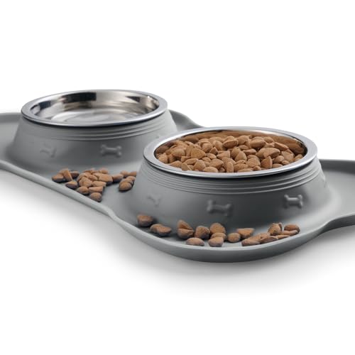 Hubulk Pet Dog Bowls 2 Stainless Steel with No Spill Non-Skid Silicone Mat + Pet Food Scoop Water and Food Feeder Bowls for Feeding Small Medium Large Dogs Cats Puppies ( Gray)