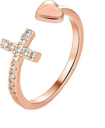 Cdrtnr Rose Gold Cross CZ Ring Adjustable Geometric Heart Christian Faith Jewelry Gift
