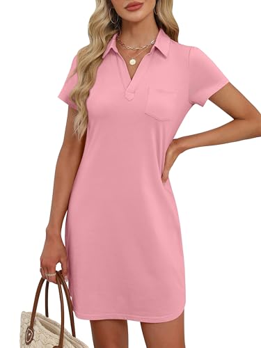 Image of ANRABESS Women Mini T Shirt Dress, V Neck Short Sleeve with Pockets, Soft Medium Stretch Trendy Summer Casual Beach Vacation