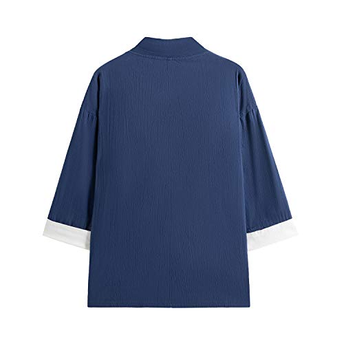 Image of Mens Japanese Kimono Cardigan Cotton Linen Haori Fashion 3 /4 Sleeve Yukata | Shawl Collar Kimono Jacket Robe Embroidery Patchwork Happi Coat Tie Pockets Lightweight Outerwear Daily Casual All Seasons