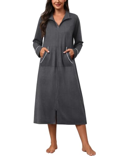Image of Ekouaer Zipper Robes for Women Long Sleeve Lightweight House Coats with Pockets Zip Up Bathrobe Loungewear S-3XL