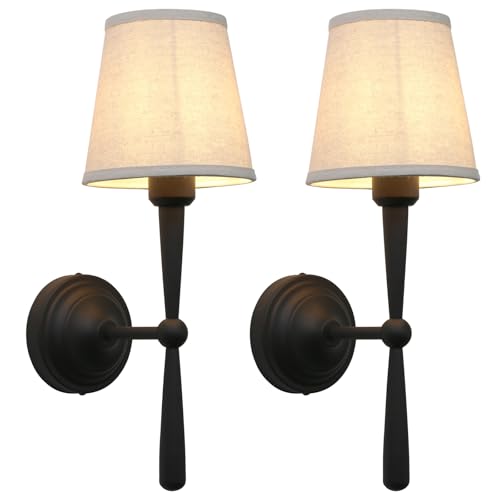 Image of Yosoan Linen Shade Bedside Vanity Wall Sconce Set of 2, Vintage Industrial Hardwired Boho Indoor Wall Mounted with Funnel Textile for Bedroom Stairwell Hallway Bathroom(Black)
