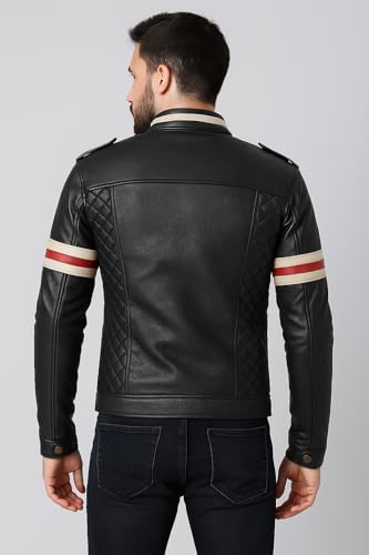 Mens Black Cafe Racer Jacket - Red and White Stripe Biker Leather Jacket Men2