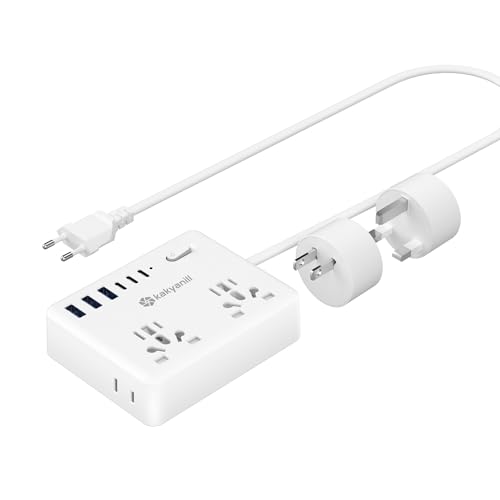 Universal Travel Adapter Kakyanill European Travel Plug Adapter EU/UK/AU/Plug Adapter 4 AC Outlets 6 USB Ports (3 USB C) 5ft Flat Extension Cord Compact for Travel