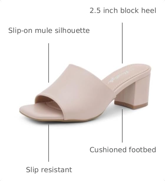 Image of Herstyle Square Open Toe Heeled Sandals for Women 2.5 Inch Low Block Chunky Heel Sandals Slip-On Mules Comfortable Dress Shoes for Party Wedding Office