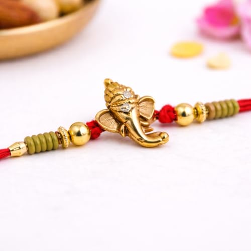 Image of JAIPUR ACE Divine Lord Ganesha Rakhi for Brother with Red Thread and Premium Beads, Traditional Raksha Bandhan Gift Set with Roli Chawal and Card, Designer Rakhi for Men and Boys (Ganesh Rakhi)