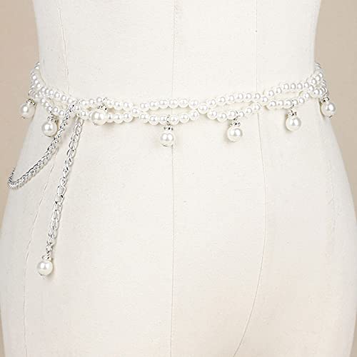 Felite Fnn Women 2 Rows Elastic Pearl Metal Belt with Tassels Evening Wedding Bridal Dress Waist Belt3