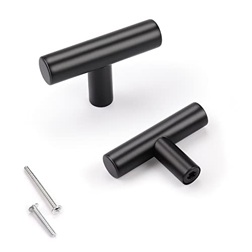 KNOBWELL 100 Pack Stainless Steel Cabinet Knobs, T-Shape Single Hole 2 inch (50mm) Matte Black Knobs for Dresser Drawers, Cabinet Handles and Closet Cupboard
