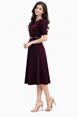 Image of Women's Elegant Midi Dress with Belt | Half Sleeve Fit & Flare Casual Dress | Knee Length Office Party Western Dress for Women