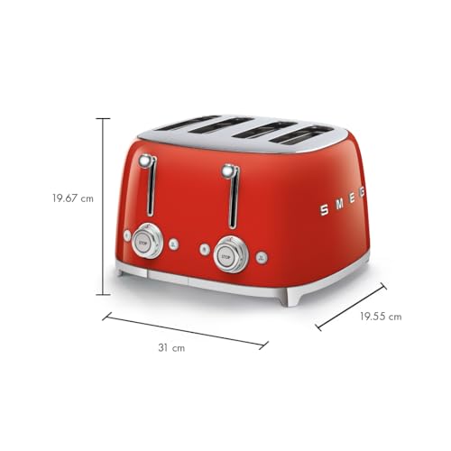 Image of SMEG 4 Slice Toaster TSF03, Retro Stainless-Steel Toaster with Wide Slots for Bagels, 6 Browning Levels, Defrost Reheat Bagel Functions, Dual Controls, Crumb Trays,1800W - TSF03RDUS - Red