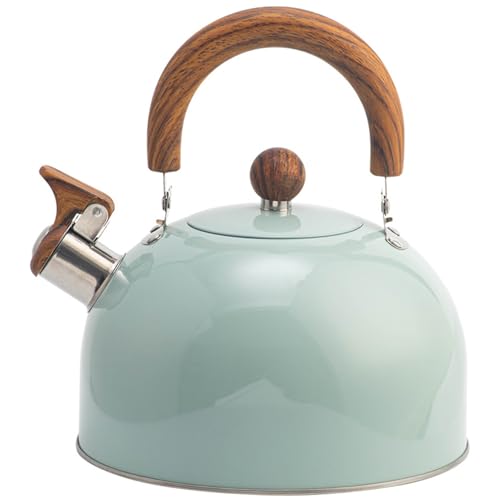 Théière sifflante avec poignée en bois de 3 L en acier inoxydable poli de qualité alimentaire sans odeur pour cuisinière à induction, bouilloire sifflante vert clair